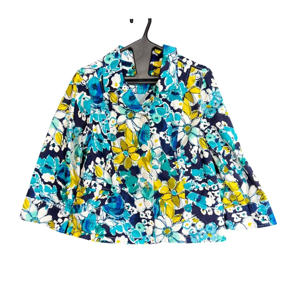 Christopher & Banks Womens Size Medium Floral Jacket Blue Yellow Buttons Stretch - Picture 2 of 12